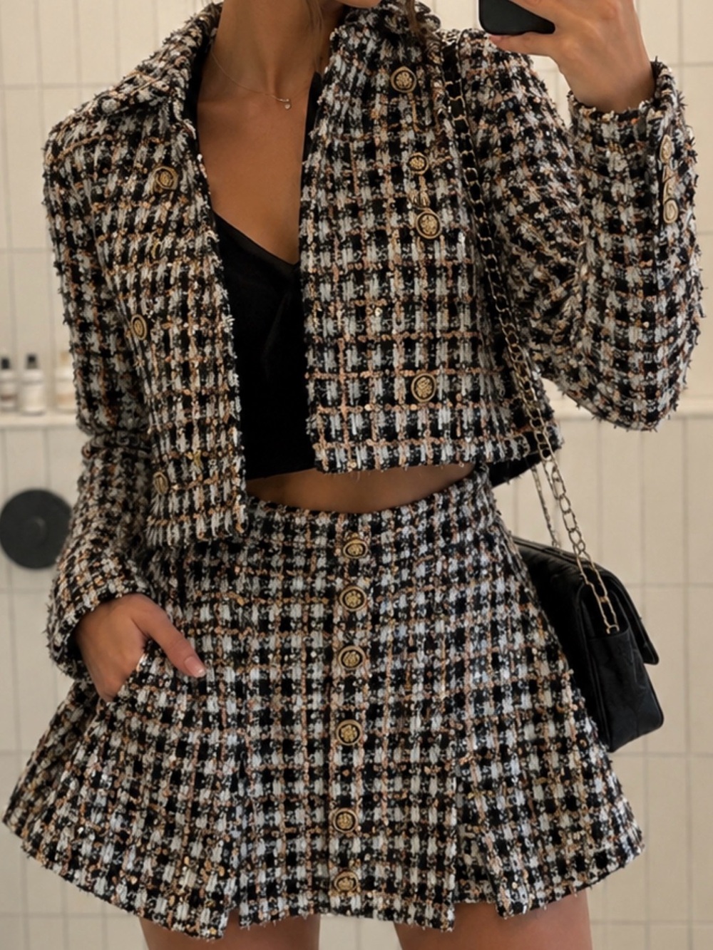 Cropped Tweed Plaid Mini Skirt - Black, White & Brown
